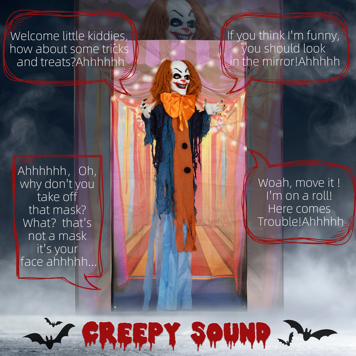 168 cm Life Size Halloween Animated Standing Circus Clown with Red Light Up Eyes, Sound Activated Moving Arms & Body, Scary Clown Halloween Decorations, Battery Operated, Indoor Party Props