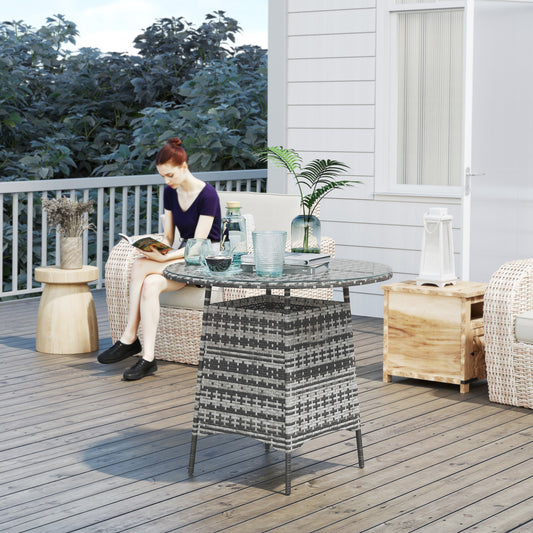 Outsunny Wicker Garden Rattan Table, Patio Furniture Outdoor Coffee Table with Umbrella Hole and Tempered Glass Top, Grey / Brown