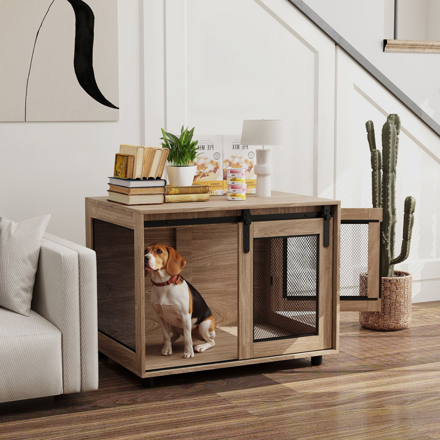 Dog Crate Furniture Side Table | Barn Door & Side Door | 3-Sided Ventilation | Medium Dogs up to 20kg | 80 x 58.5 x 63cm | Walnut Brown