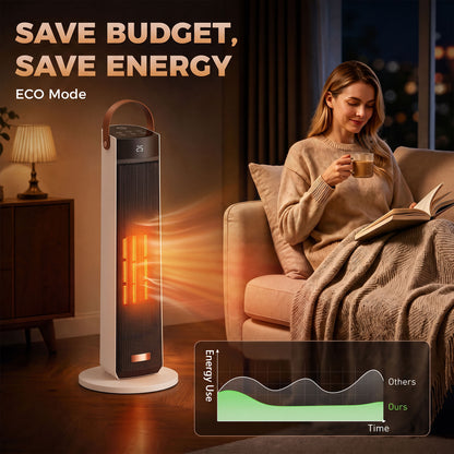 Beige 2000W Ceramic Tower Heater | LED Flame Effect & 70° Oscillation | ECO Mode, 20–40°C Thermostat | 12-Hour Timer & Remote