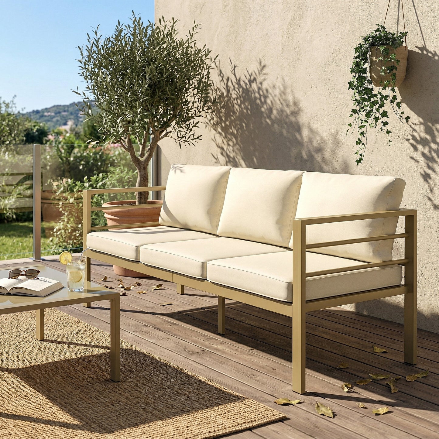 3-Seater Garden Bench Sofa | Thick Cushions | Aluminium Frame | Cream White | 185cm