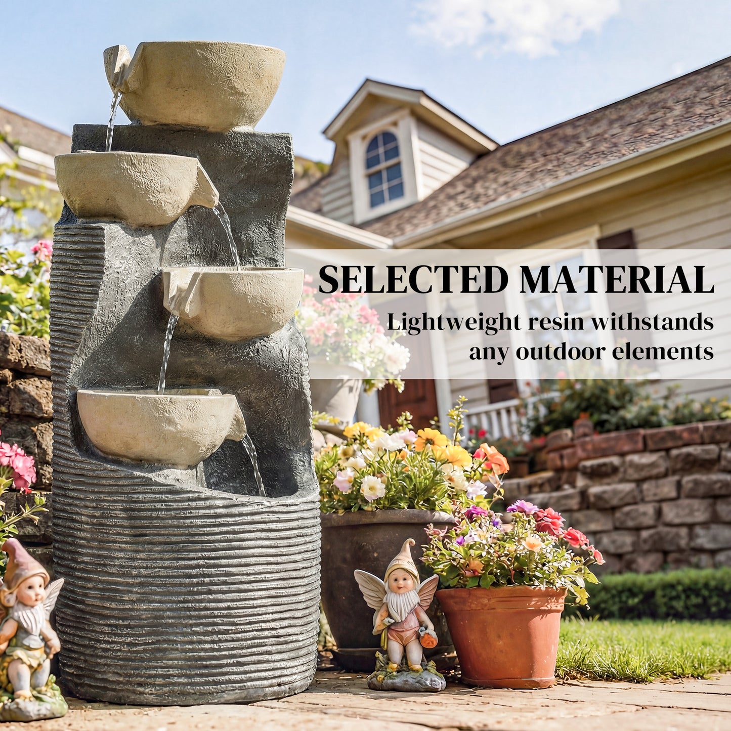 5-Tier Artisan Stone-Finish Resin Waterfall Fountain | LED Lights | Adjustable Flow | 22-25L | UK Plug | 230V | 3m Cable | 33x31x80cm | Indoor & Outdoor | Garden & Patio | Mixed Colour