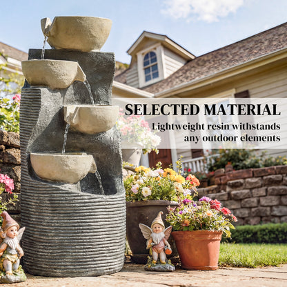 5-Tier Artisan Stone-Finish Resin Waterfall Fountain | LED Lights | Adjustable Flow | 22-25L | UK Plug | 230V | 3m Cable | 33x31x80cm | Indoor & Outdoor | Garden & Patio | Mixed Colour