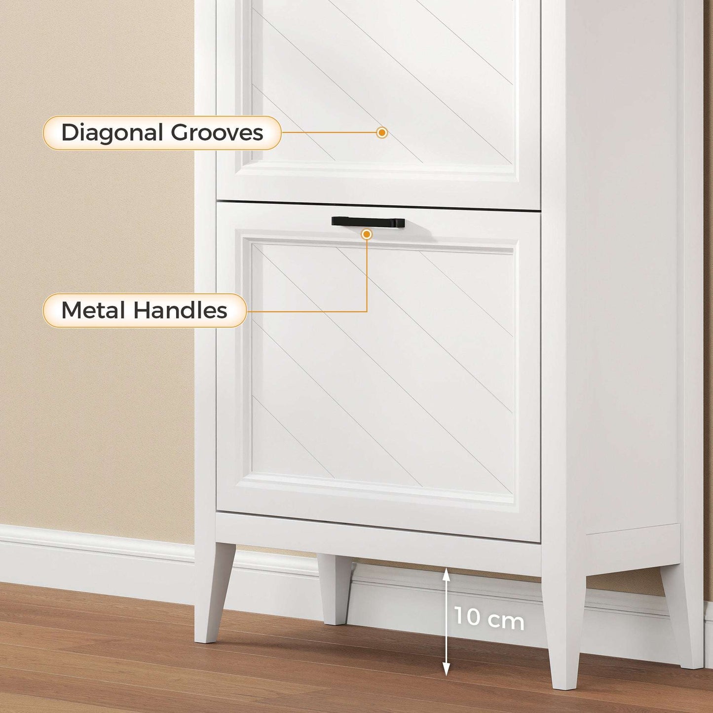 Farmhouse Narrow Shoe Cabinet | 2 Flip Drawers & Top Drawer | Adjustable Shelves | 8-12 Pairs | Slim 26.5cm Depth | Max UK 9.5 | Anti-Tipping | MDF | 60x26.5x108.5cm | White