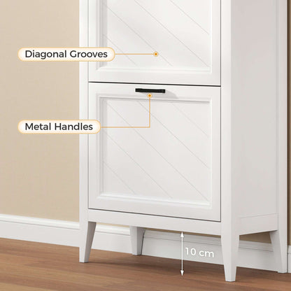 Farmhouse Narrow Shoe Cabinet | 2 Flip Drawers & Top Drawer | Adjustable Shelves | 8-12 Pairs | Slim 26.5cm Depth | Max UK 9.5 | Anti-Tipping | MDF | 60x26.5x108.5cm | White