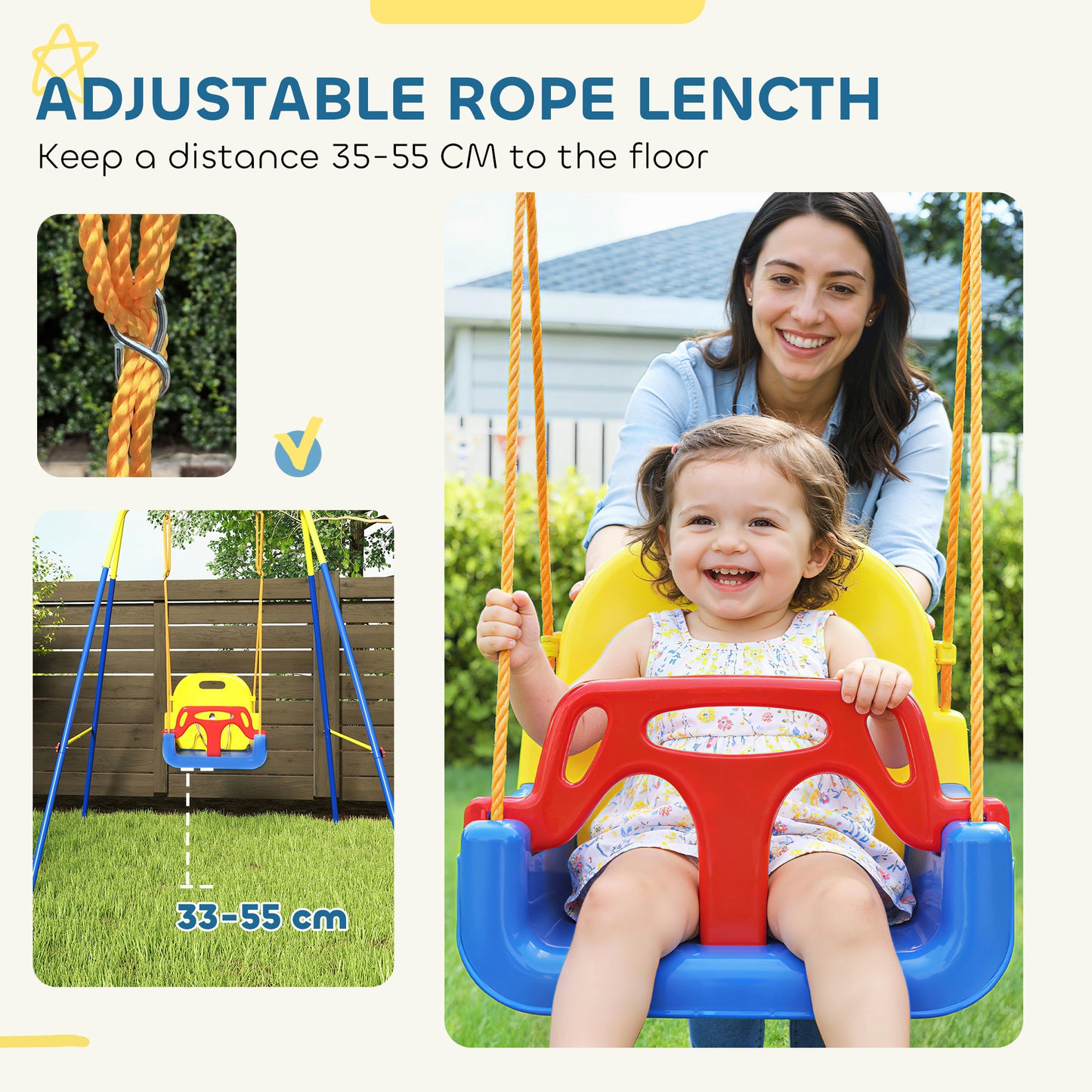 3-in-1 Toddler Swing Set – Foldable A-Frame, Seat Belt, Adjustable Height 35–55cm, Indoor & Outdoor, EN71 Tested, Ages 9 Months–8 Years – Blue