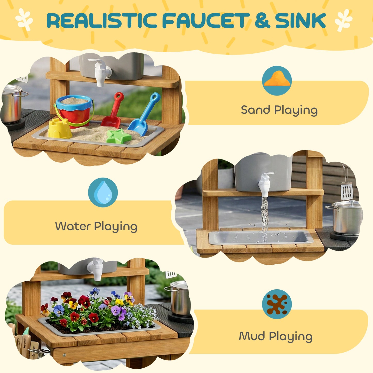 Children's Wooden Mud Kitchen with Wheels – Running Water Tap, Stove, Flower Pots & 12 Stainless Steel Accessories, Ages 3–6