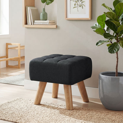 Square Padded Footstool Ottoman Pouffe | Tufted Linen-Look | Black