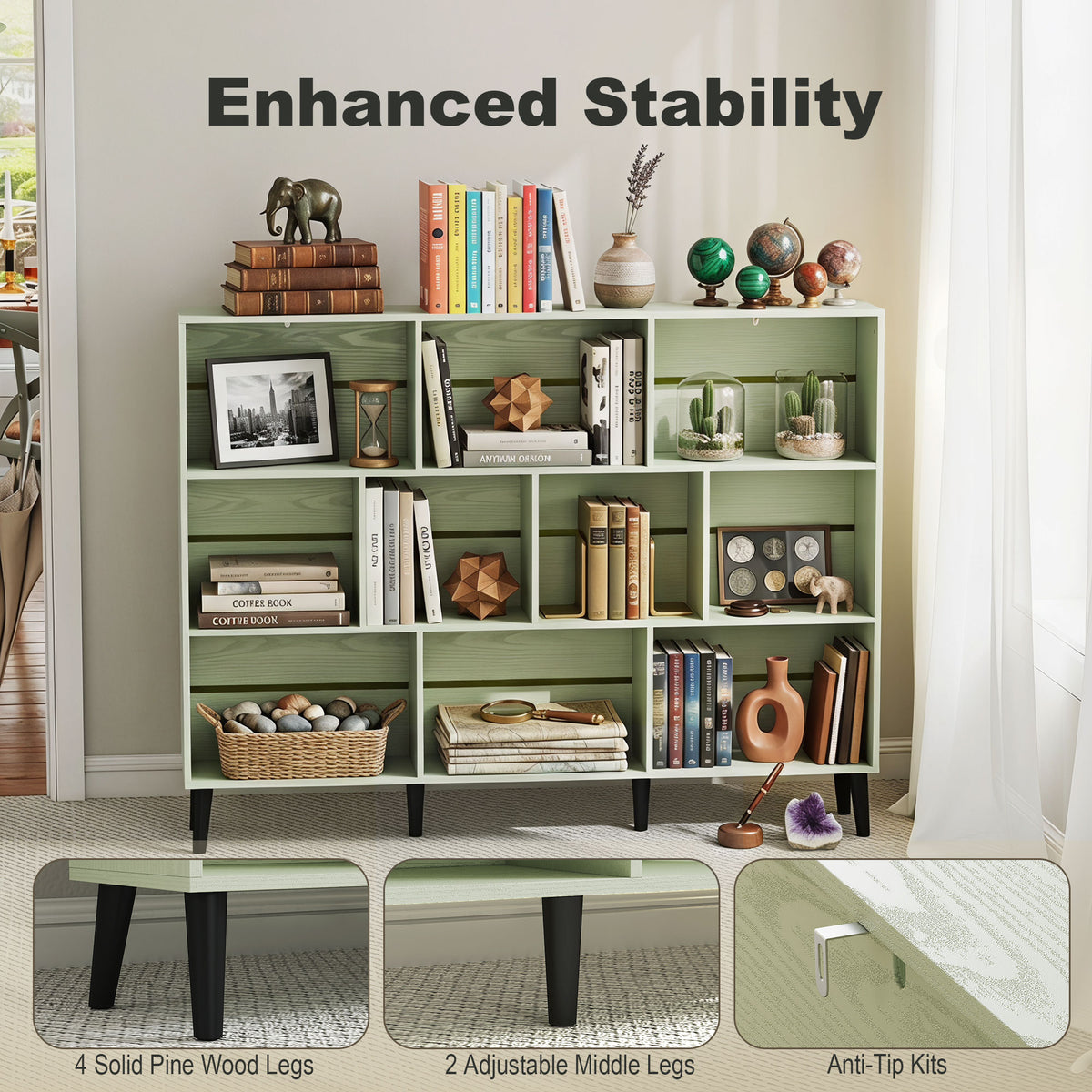 Cube Bookcase | 10-Cube Light Green & White 3-Tier Open Storage Shelf with Pine Legs