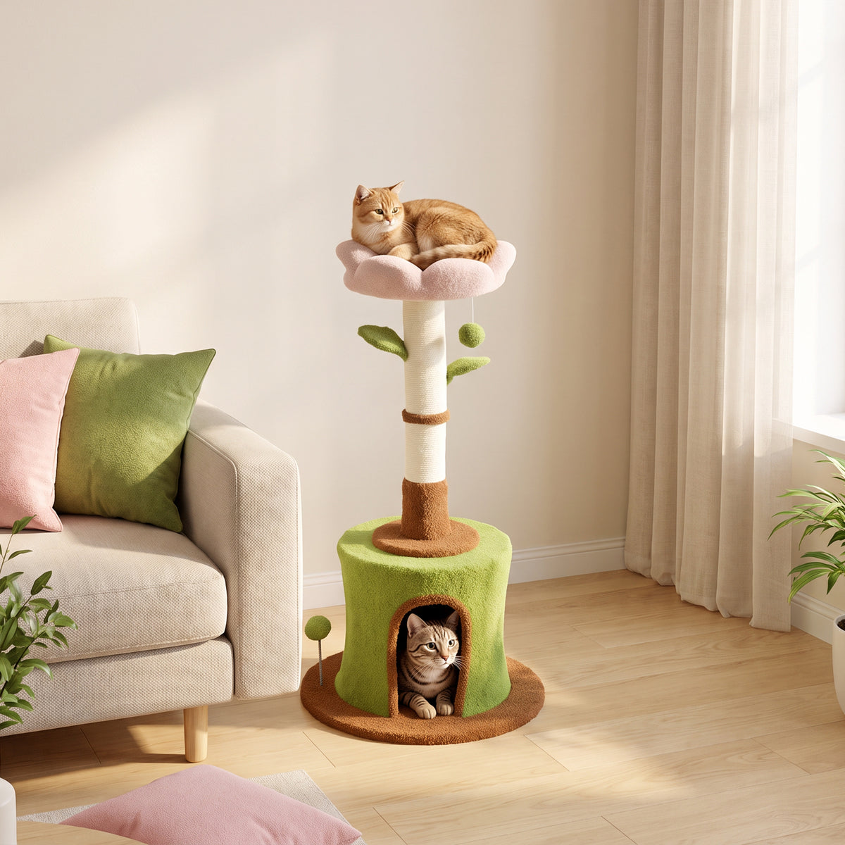 PawHut 88cm Flower Cat Tree | Condo & Plush Bed | Sisal Scratching Post | 3 Tiers | 2 Toy Balls & 2 Crinkle Leaves | 270g Plush | Peach Velvet | Freestanding | 48x48x88cm | 5kg Max | Green Pink Brown Beige