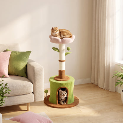 PawHut 88cm Flower Cat Tree | Condo & Plush Bed | Sisal Scratching Post | 3 Tiers | 2 Toy Balls & 2 Crinkle Leaves | 270g Plush | Peach Velvet | Freestanding | 48x48x88cm | 5kg Max | Green Pink Brown Beige