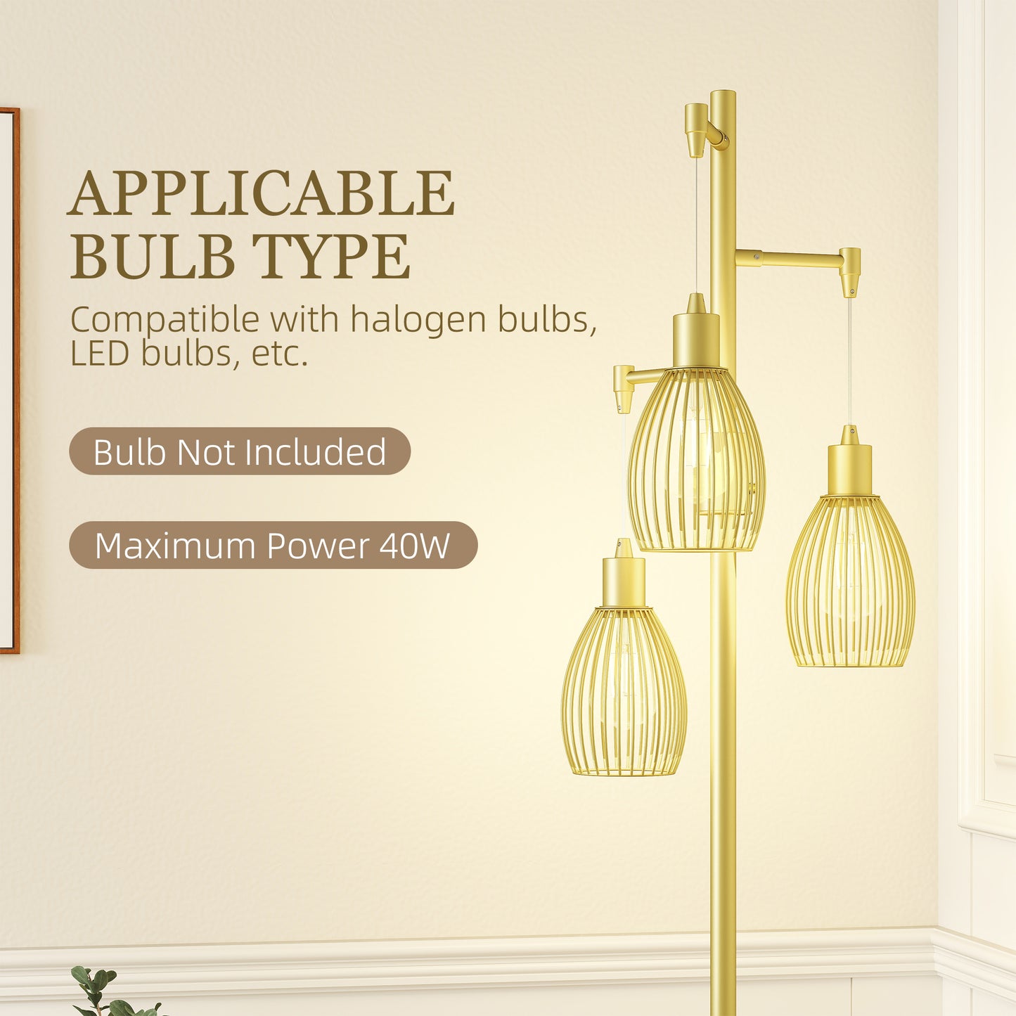 70cm Industrial 3-Light Floor Lamp, Dimmable Standing Lamp with Steel Lampshades for Living Room, Bedroom, Dinging Room, Study, Gold Tone