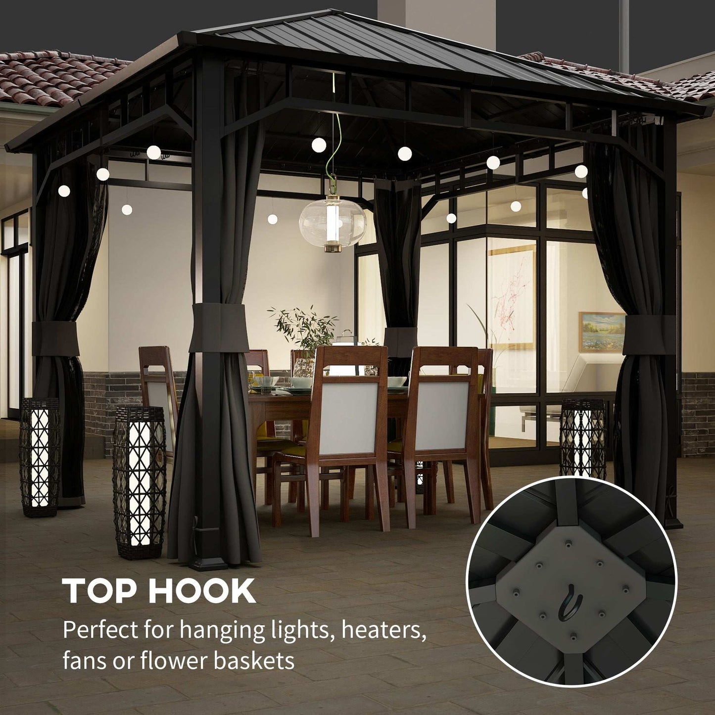 3 x 3(m) Hardtop Gazebo with Galvanised Steel Roof and Water Gutter, Waterproof Permanent Pavilion Garden Gazebo with Netting, Curtains