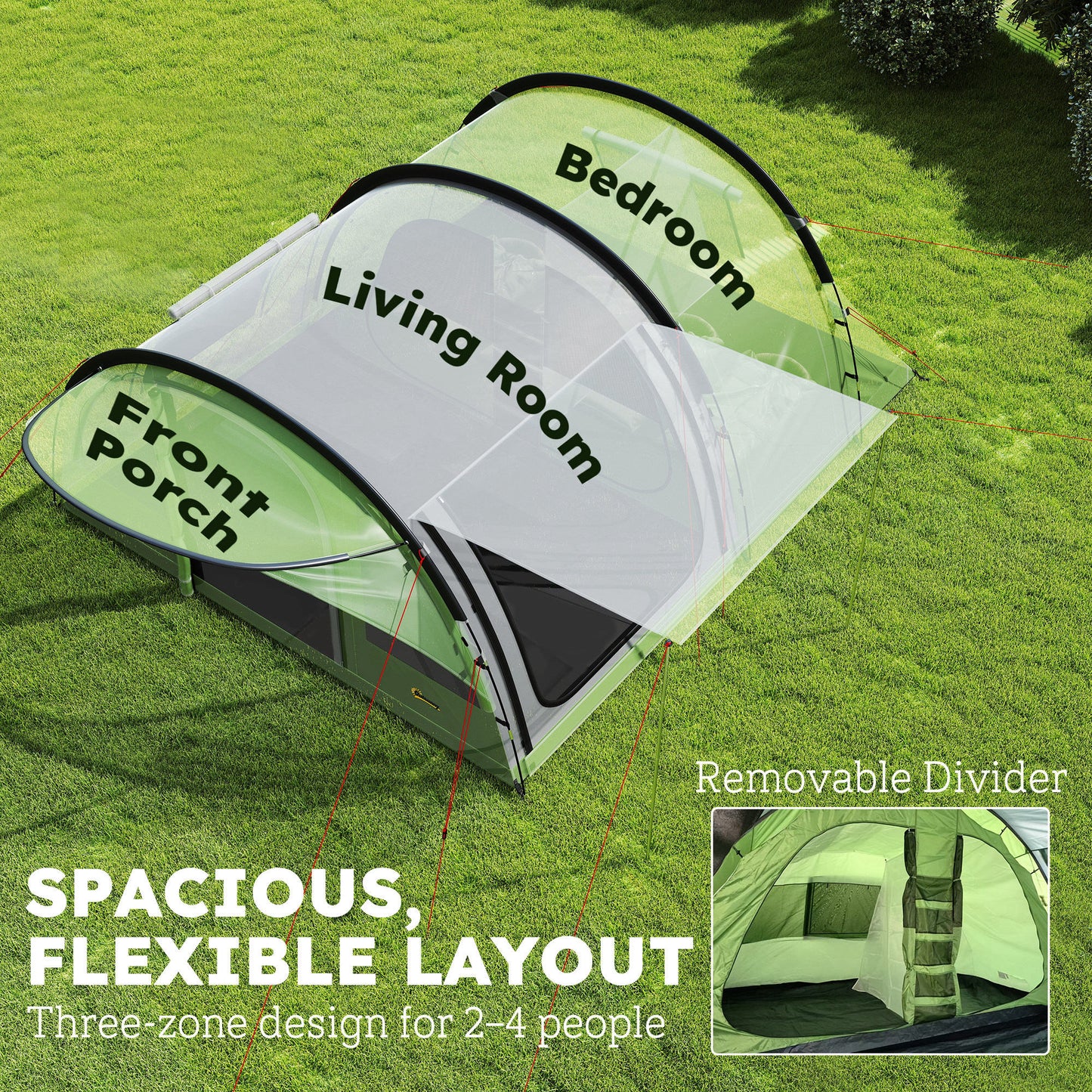4-Person Family Camping Tent | 2 Rooms | Removable Divider | 3000mm Waterproof | Level 4 Wind Resistance | 7 Storage Pockets | Sets Up in 5-15 Mins | 565 x 370 x 200cm | Green & Grey