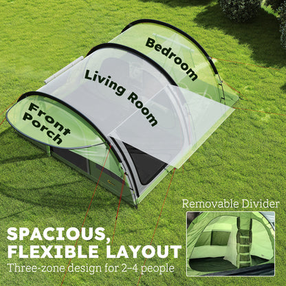 4-Person Family Camping Tent | 2 Rooms | Removable Divider | 3000mm Waterproof | Level 4 Wind Resistance | 7 Storage Pockets | Sets Up in 5-15 Mins | 565 x 370 x 200cm | Green & Grey