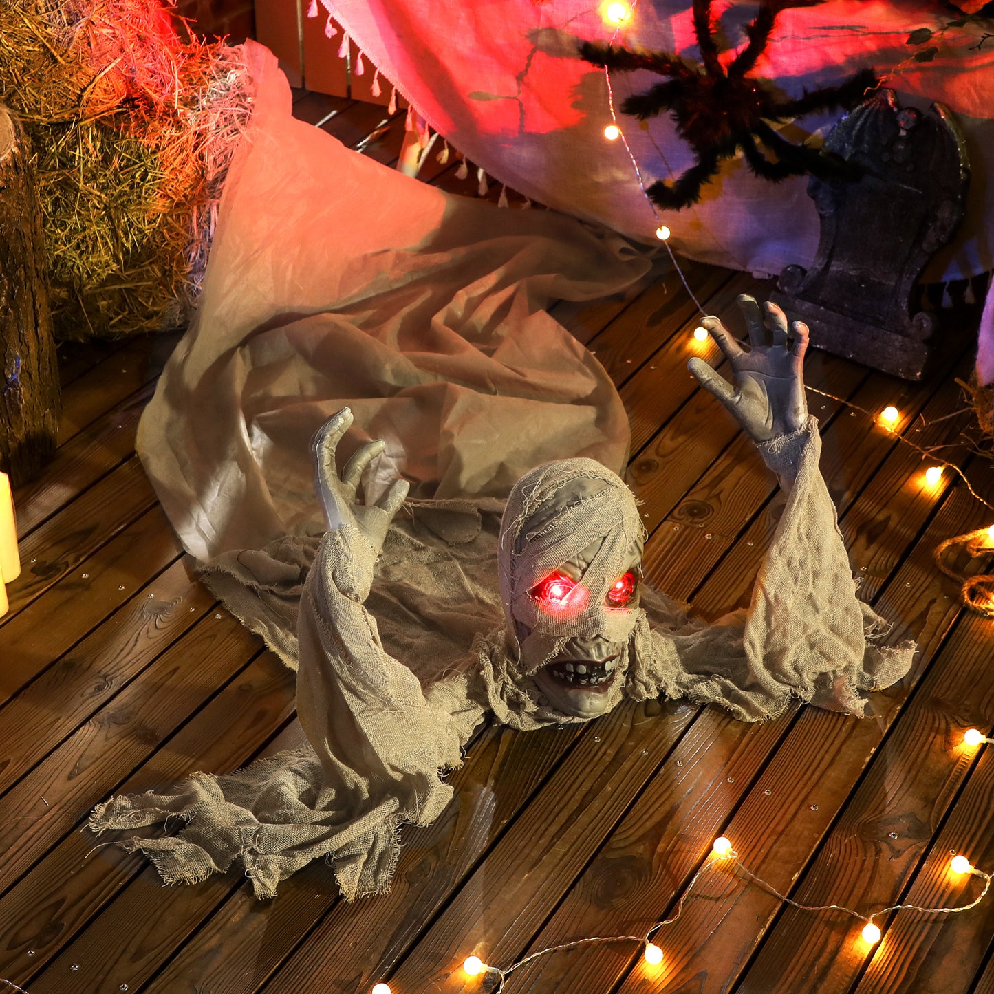 183 cm Life Size Halloween Animated Crawling Mummy with Glowing LED Eyes, 8/16H Timer, Scary Halloween Decorations, Battery Operated, Indoor Outdoor Party Props