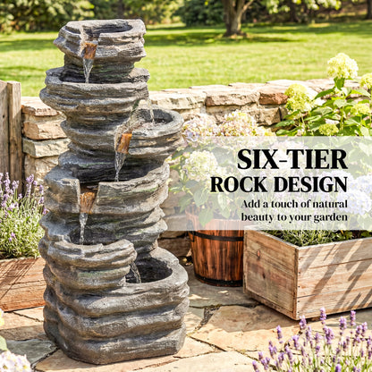 6-Tier Cascading Garden Water Fountain | LED Lights | Resin | Grey | 101.5cm