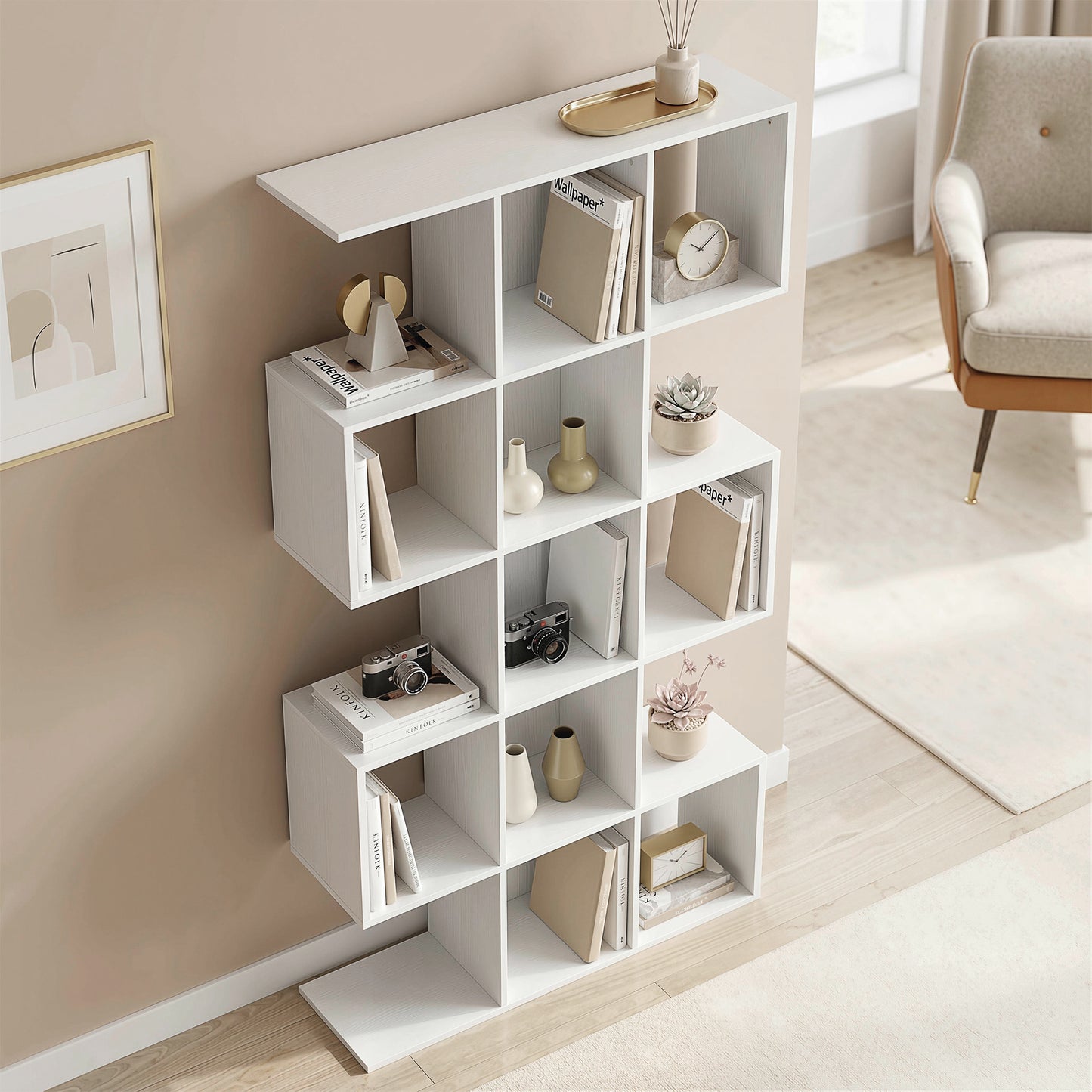 5-Tier S-Shaped Bookcase | 15 Compartments | White Wood Effect