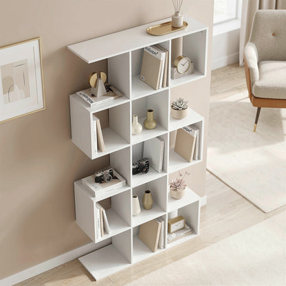 5-Tier S-Shaped Bookcase | 15 Compartments | White Wood Effect