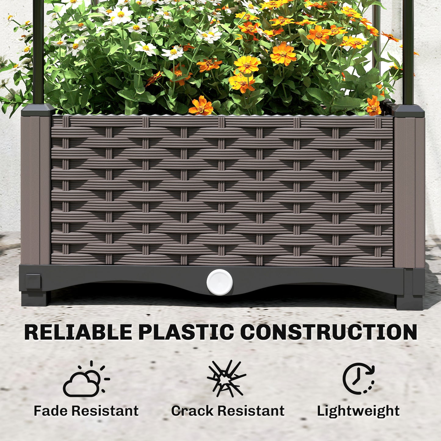 Raised Garden Bed with Trellis | PE-Coated Steel | Drainage Holes & Drain Plugs | Water Reservoir | 35x35x19cm Planting Area | 12kg Capacity | Patio Balcony & Yard | Black
