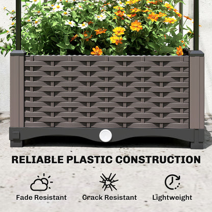Raised Garden Bed with Trellis | PE-Coated Steel | Drainage Holes & Drain Plugs | Water Reservoir | 35x35x19cm Planting Area | 12kg Capacity | Patio Balcony & Yard | Black