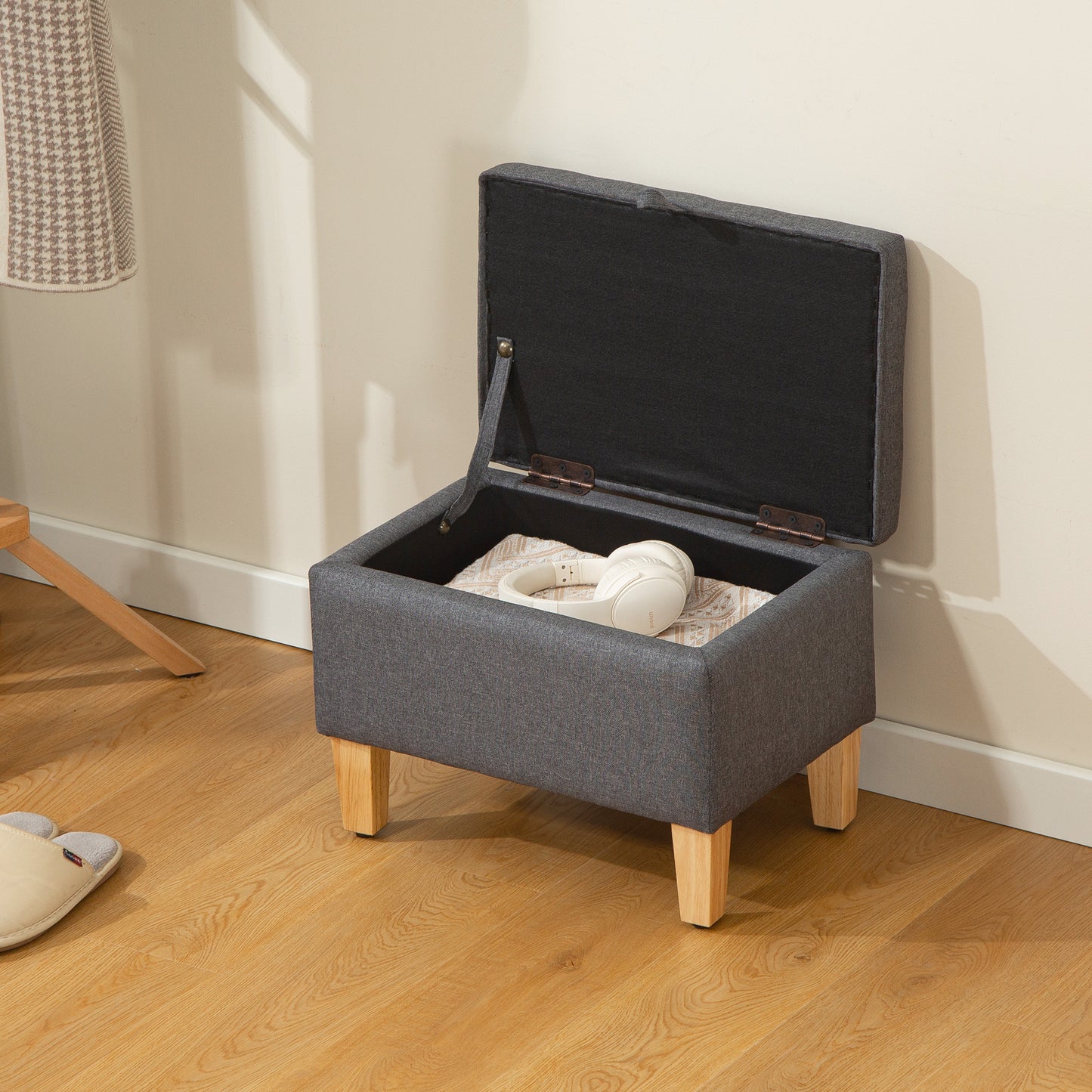 Storage Ottoman & Padded Footstool | 16L Storage | Linen-Look | Rubberwood Legs | 100° Lid Opening | 120kg | 49x33x36cm | Charcoal Grey