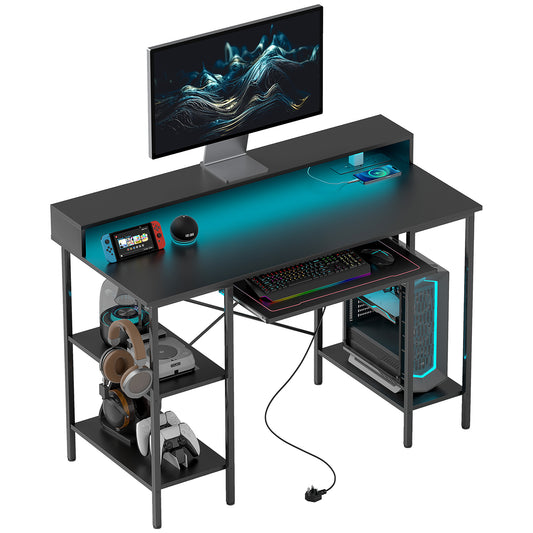 Reversible Computer Desk with LED Lights and Power Outlets, 120 x 55 cm Gaming Desk with Monitor Stand, Sliding Keyboard Tray and Storage Shelves,