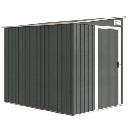 Galvanised Steel Lean-To Garden Storage Shed | Sliding Door | 2 Hooks & 2 Adjustable Shelves | 2 Vents | Floor Foundation Included | 40kg/m² Snow Rating | 154x206.5x181cm | 2.81m² | Light Grey Wood Effect
