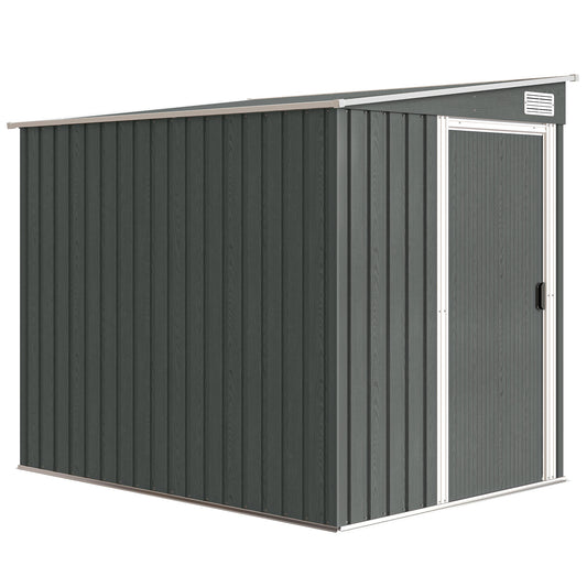 Galvanised Steel Lean-To Garden Storage Shed | Sliding Door | 2 Hooks & 2 Adjustable Shelves | 2 Vents | Floor Foundation Included | 40kg/m² Snow Rating | 154x206.5x181cm | 2.81m² | Light Grey Wood Effect