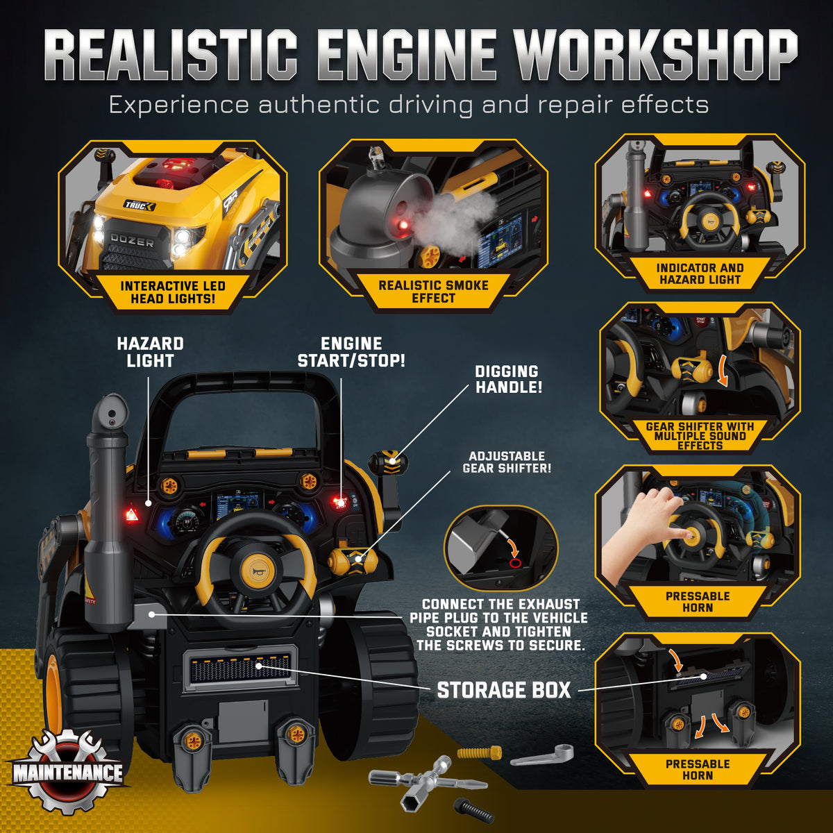 Kids Excavator Engine Toy | Yellow Pretend Play Mechanic Workshop with 63 Parts & 4 Tools