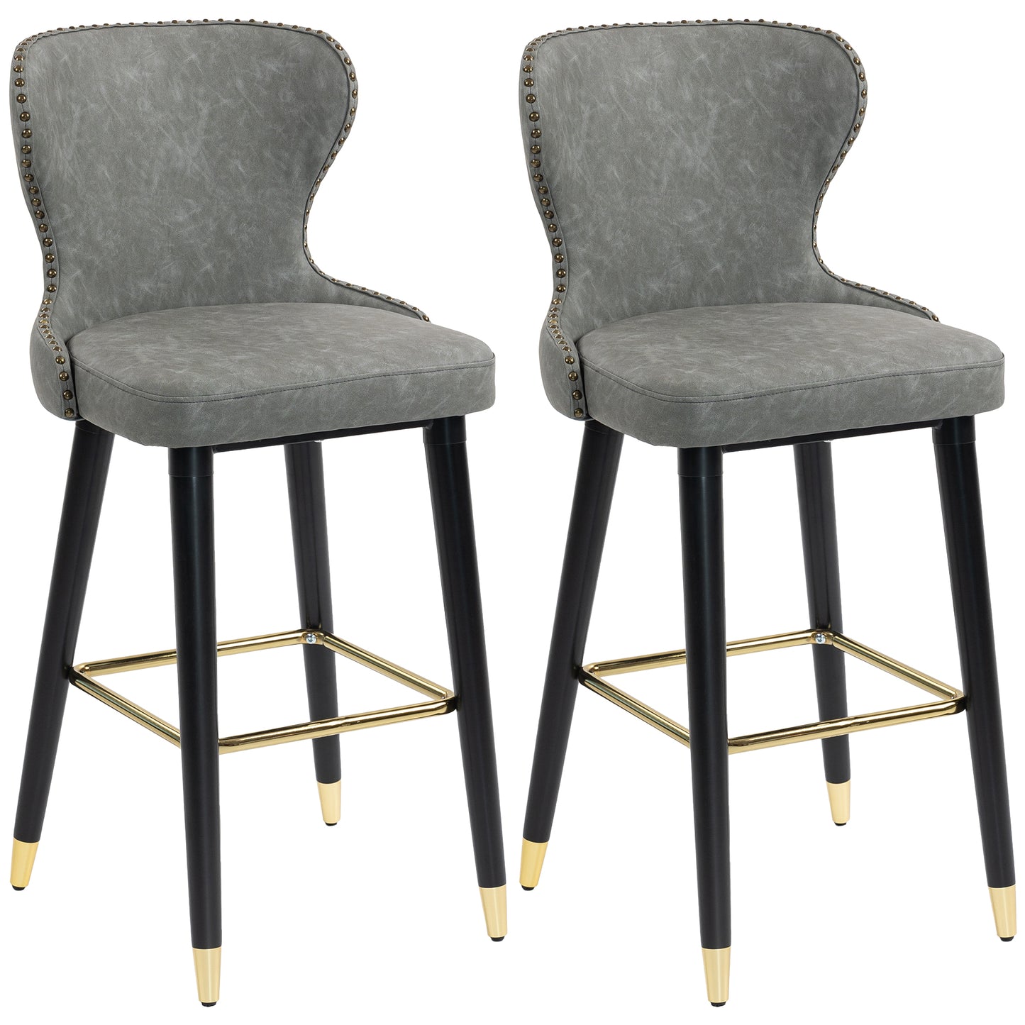 Bar Stools Set of 2, PU Leather Barstools with Back, Footrest and Wood Legs for Kitchen, Counter, Breakfast Bar, Grey