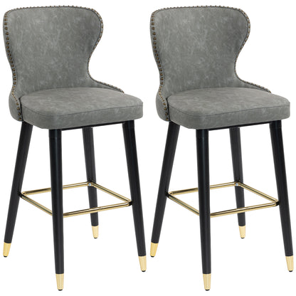 Bar Stools Set of 2, PU Leather Barstools with Back, Footrest and Wood Legs for Kitchen, Counter, Breakfast Bar, Grey
