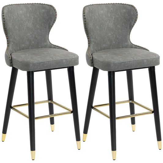Bar Stools Set of 2, PU Leather Barstools with Back, Footrest and Wood Legs for Kitchen, Counter, Breakfast Bar, Grey