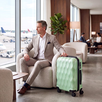 41L Cabin Suitcase | ABS Hard Shell Frosted Finish | TSA 3-Digit Lock | 4 Detachable 360° Spinner Wheels | Aluminium Telescopic Handle | 36x23x56cm | 8kg Capacity | Green / Black