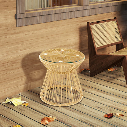 Round End Table, Rattan Side Table, Hollow Drum Design Coffee Table w/ Glass Tabletop for Patio, Garden, Balcony Natural