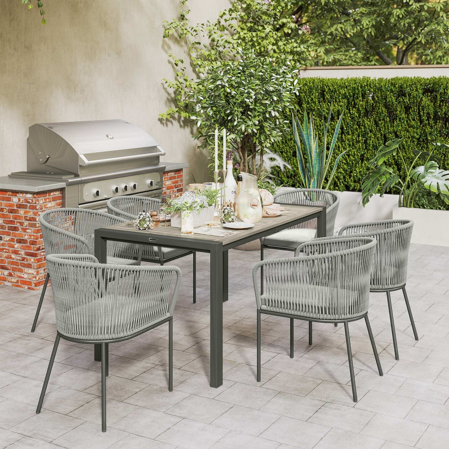 Rattan Dining 6 Seater Garden Furniture Set W/ Acacia Wood Top Rectangle Table, 6 Chairs for Outdoor, Patio, Conservatory, Grey