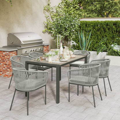 Rattan Dining 6 Seater Garden Furniture Set W/ Acacia Wood Top Rectangle Table, 6 Chairs for Outdoor, Patio, Conservatory, Grey