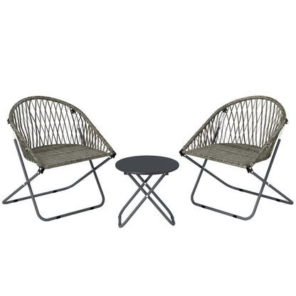 3 Piece Folding Rattan Bistro Set | 2 Chairs | Round Table Dia 45cm | 1000hr UV Resistant Rattan | Galvanised Steel | No Assembly | 120kg | Grey