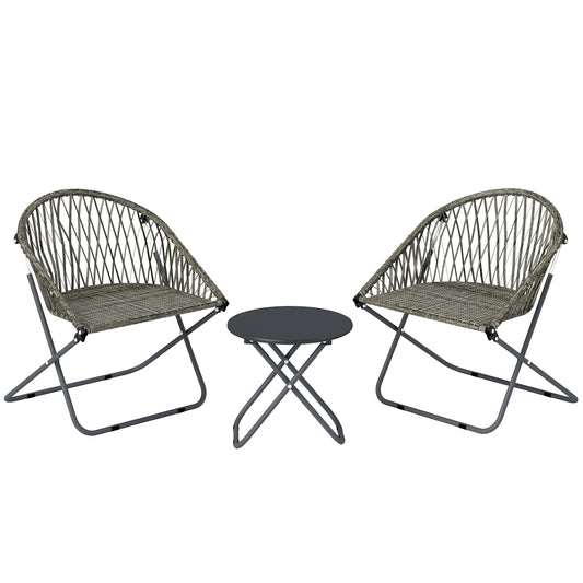3 Piece Folding Rattan Bistro Set | 2 Chairs | Round Table Dia 45cm | 1000hr UV Resistant Rattan | Galvanised Steel | No Assembly | 120kg | Grey