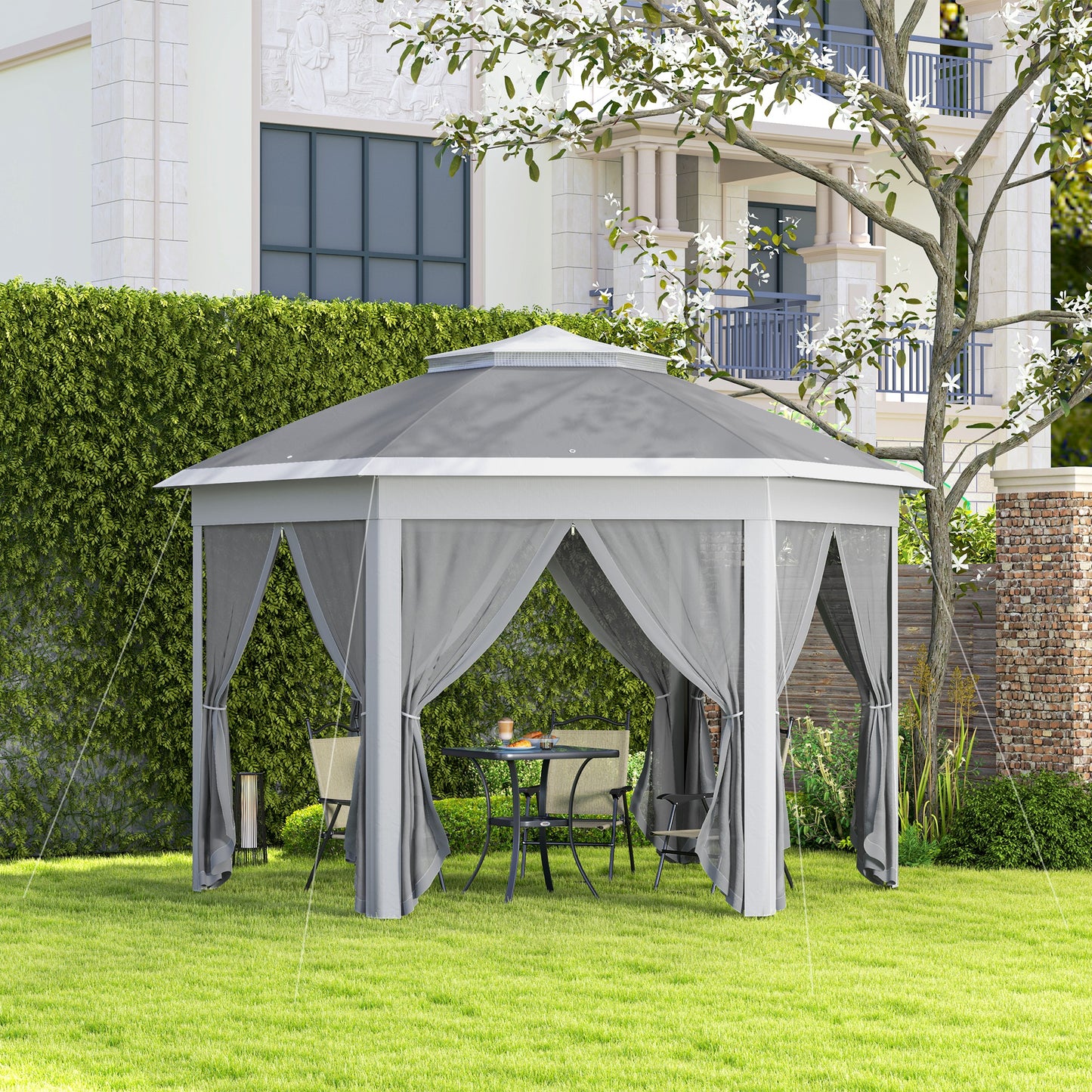 3 x 4m Garden Gazebo Hexagon Pop Up Party Tent Canopy Double Roof Instant Shelter with Netting and Carry Bag for Outdoor Patio, Dark Grey