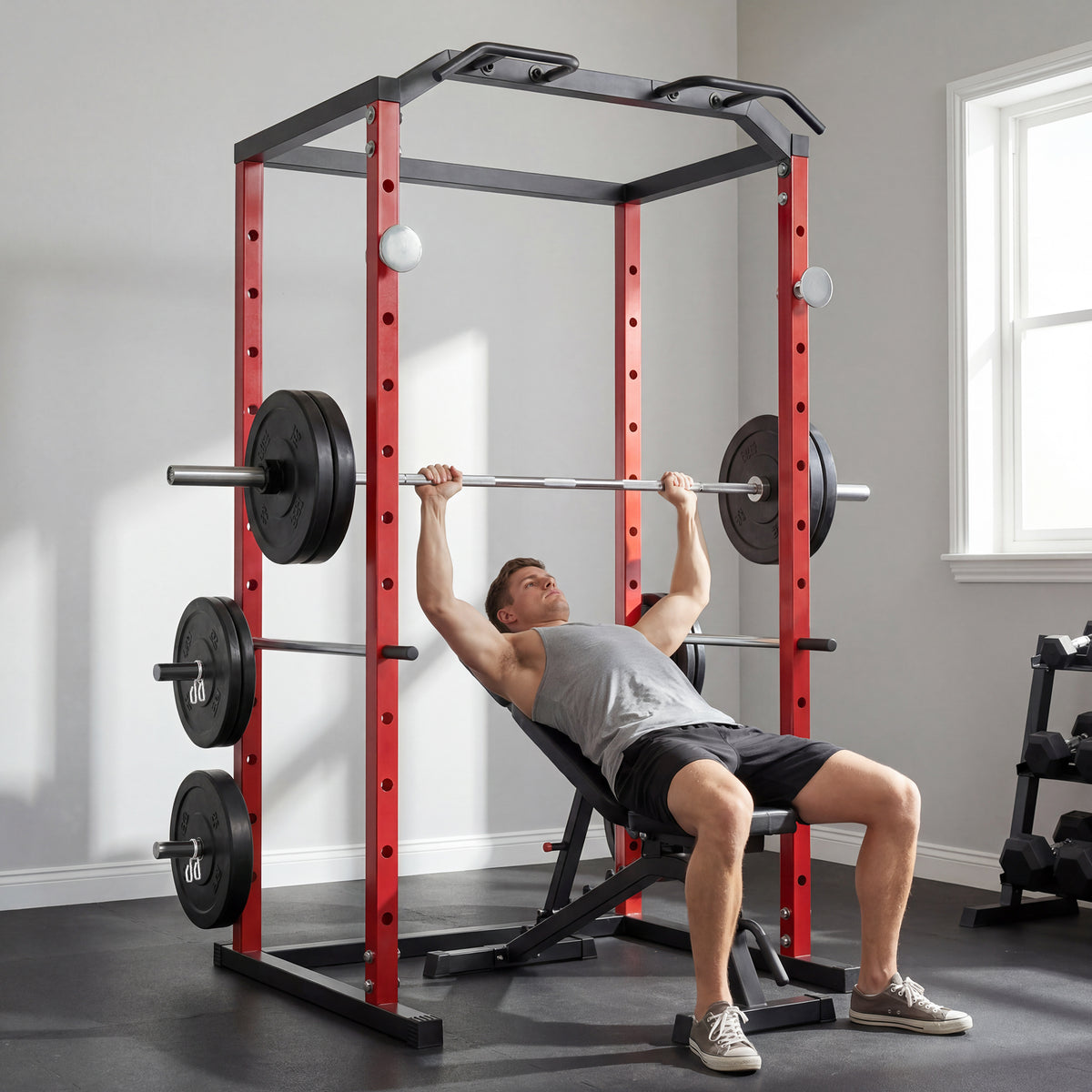 SPORTNOW Power Tower | Adjustable Squat Rack | Red & Black Steel | 160x112x215cm | 460kg Max Load | 11 Height Levels | Pull-Up Bar | Dip Station | Safety Arms | Plate Storage | Home Gym Strength Training