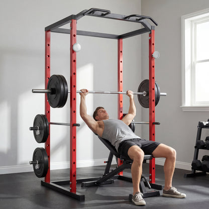 SPORTNOW Power Tower | Adjustable Squat Rack | Red & Black Steel | 160x112x215cm | 460kg Max Load | 11 Height Levels | Pull-Up Bar | Dip Station | Safety Arms | Plate Storage | Home Gym Strength Training