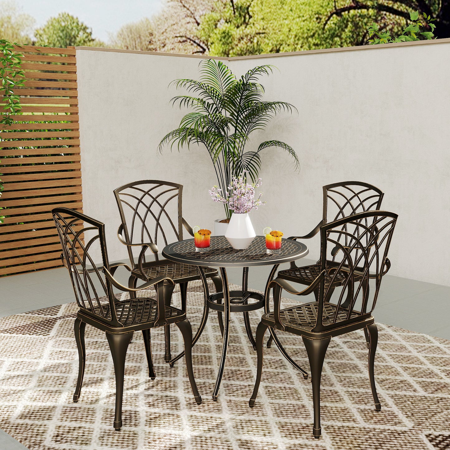 5 Piece Cast Aluminium Garden Dining Set | 4 Armchairs | Round Table Dia 85cm | 50mm Parasol Hole | Adjustable Feet | 160kg | Bronze Tone