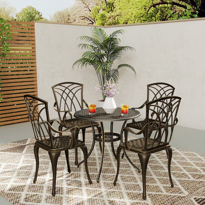 5 Piece Cast Aluminium Garden Dining Set | 4 Armchairs | Round Table Dia 85cm | 50mm Parasol Hole | Adjustable Feet | 160kg | Bronze Tone