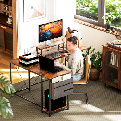 168cm Reversible L Shaped Desk, Industrial Corner Computer Desk with Adjustable Shelf and Storage Bag, 240cm 2 Person Desk with Monitor Stand