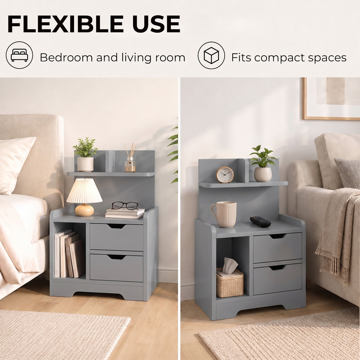 Bedside Table with 2 Drawers & Open Shelves | Grey Particleboard | 40x30x60cm | 30kg | Cut-Out Handles | Rounded Corners | Top & Bottom Shelves | Modern Nightstand | Bedroom Side Table