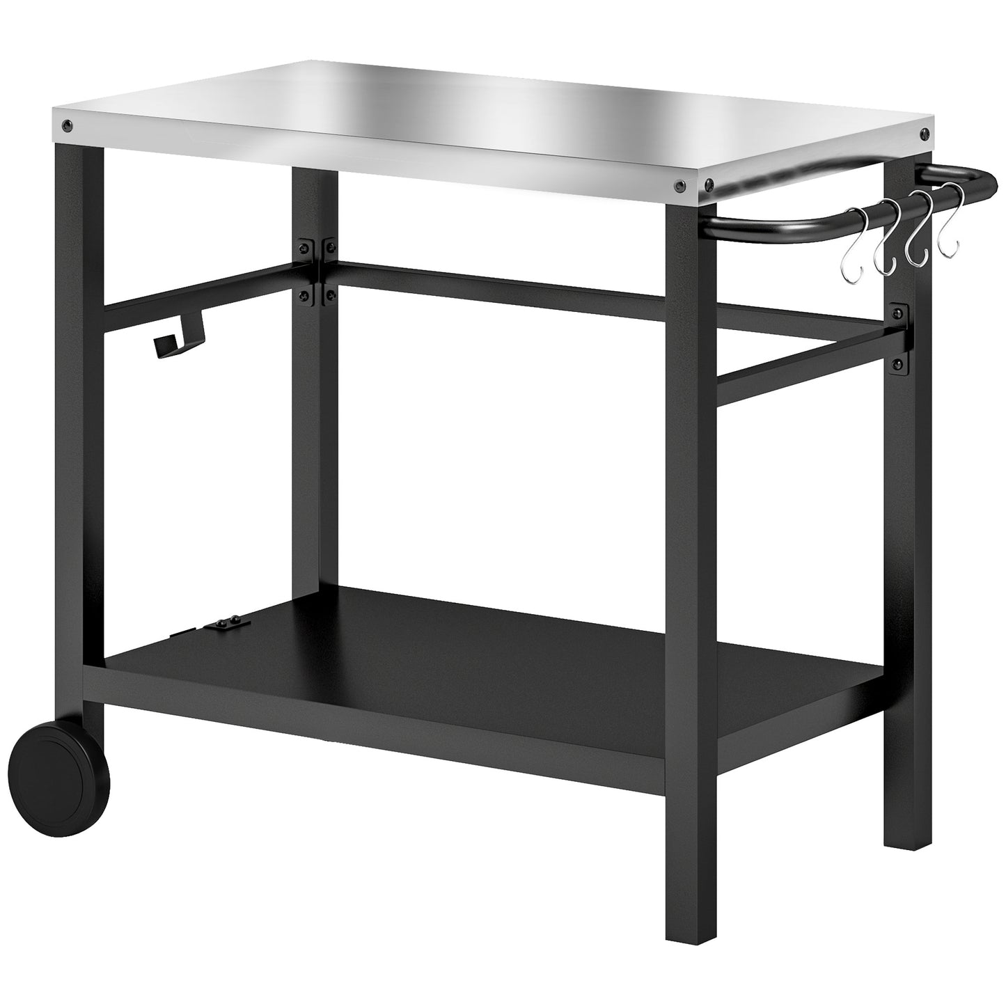 Outsunny Outdoor Grill Dining Cart 2-Shelf Movable Pizza Oven Table Stand with Stainless Steel Top, Portable BBQ Trolley Food Prep Outdoor Kitchen BBQ Station
