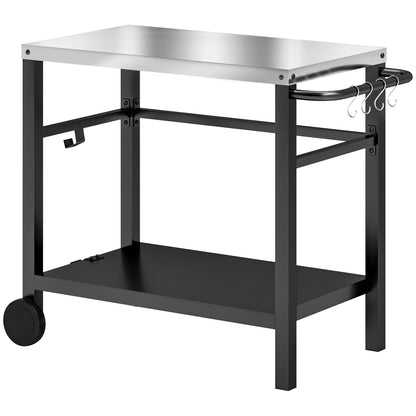 Outsunny Outdoor Grill Dining Cart 2-Shelf Movable Pizza Oven Table Stand with Stainless Steel Top, Portable BBQ Trolley Food Prep Outdoor Kitchen BBQ Station