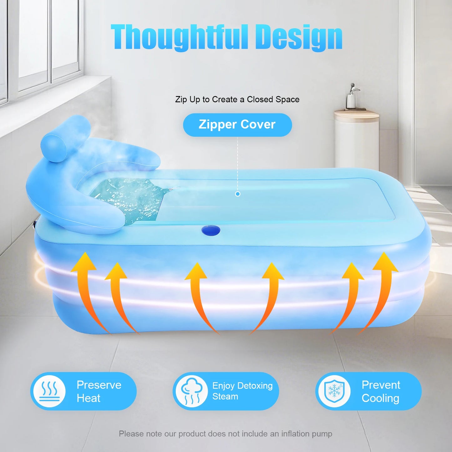 Portable Inflatable Bathtub Foldable Soaking Tub with Ergonomic Backrest Zipper Lid Thickened PVC for Home Apartment Backyard