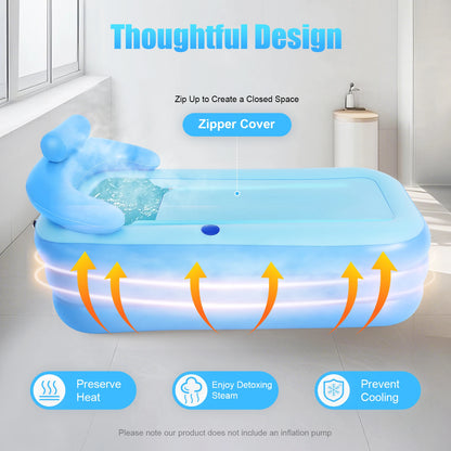 Portable Inflatable Bathtub Foldable Soaking Tub with Ergonomic Backrest Zipper Lid Thickened PVC for Home Apartment Backyard
